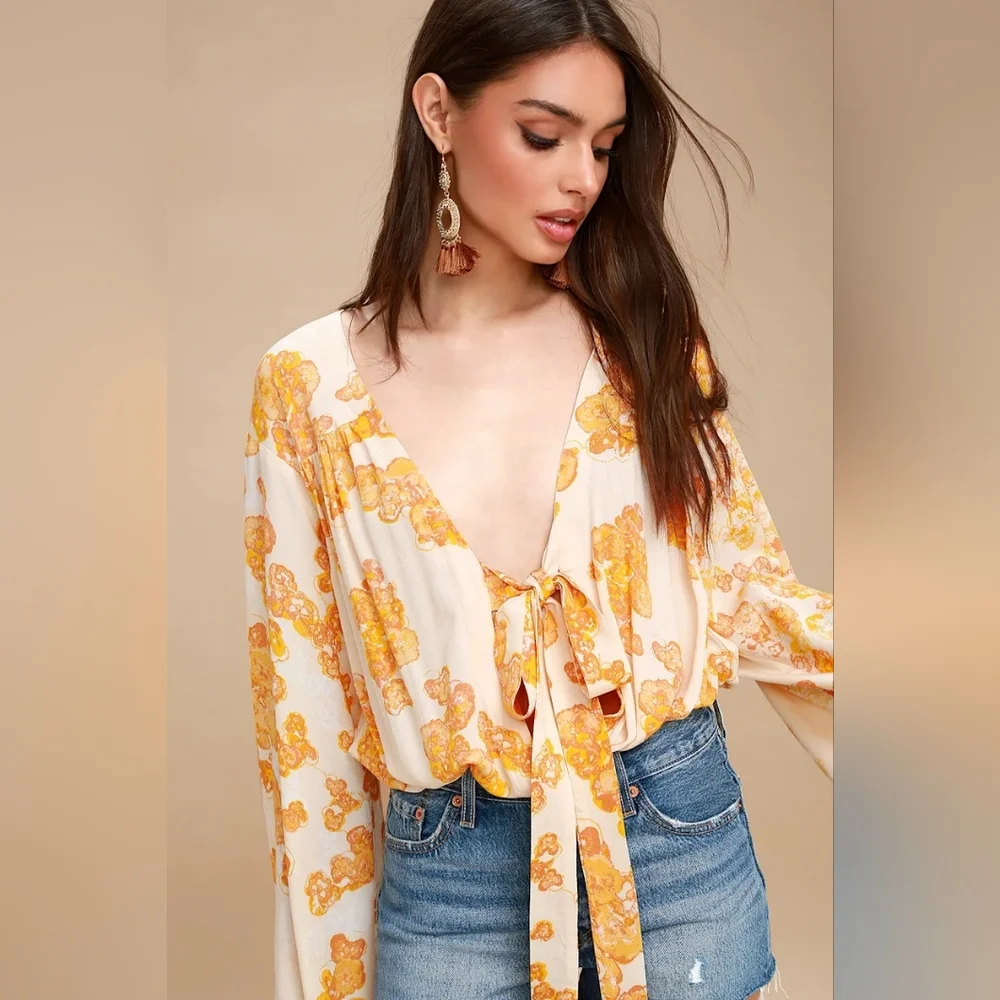 Free People Forties Feels Yellow Floral Print Tie-Front‎ Bodysuit